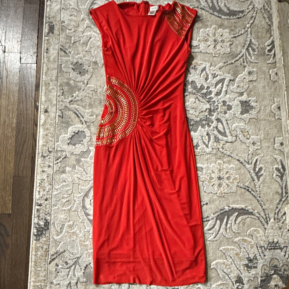 Vintage Rare Cache Orange Solid Sheath Dress Sleeveless Ruched Beads Long Size S